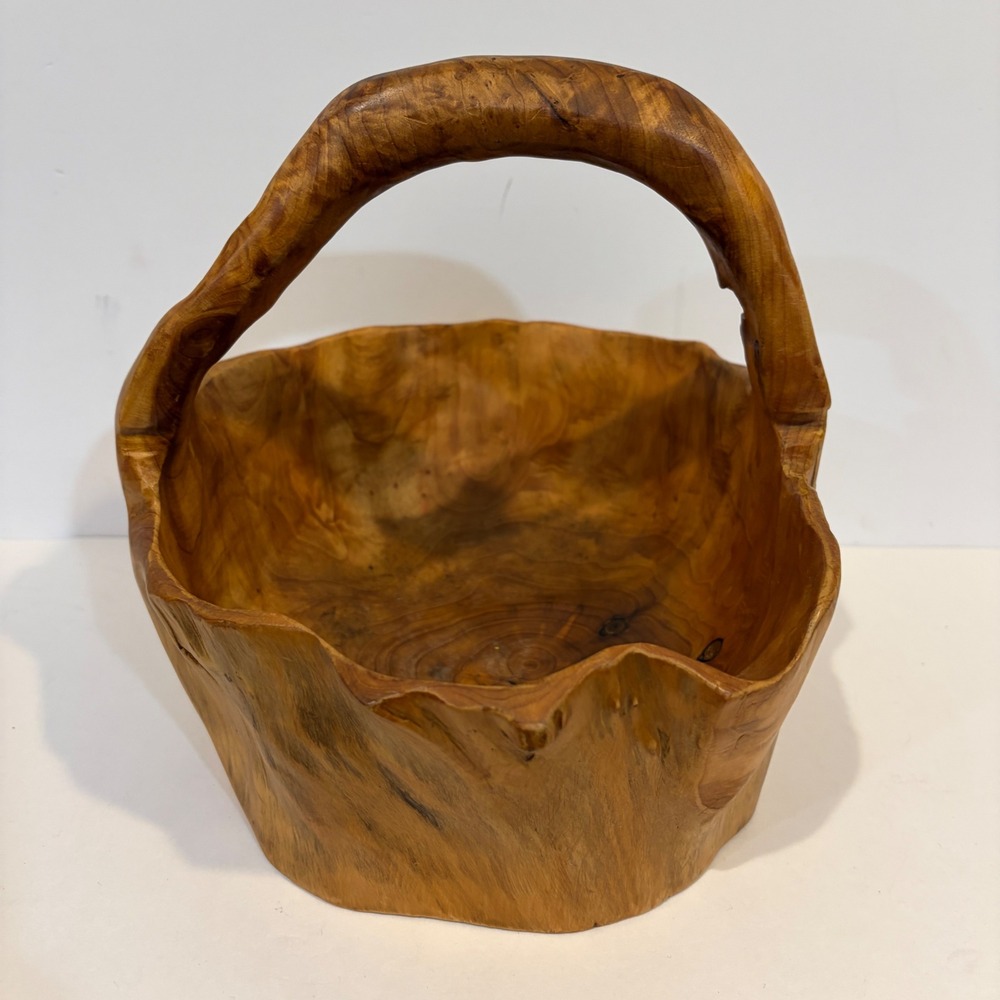 Hand Carved Root Wood Basket Brown Live Edge Rustic Decorative Bowl Handle - Picture 2 of 11